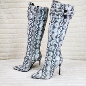 Pearl Snake Print High Heel Knee Boots Pad Lock Brand New